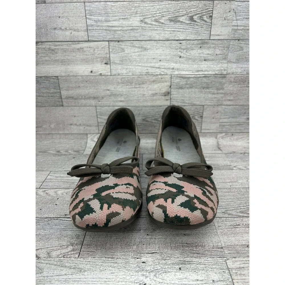 Clarks Women Camo Ballet Flats Pink Green‎ Brown Bow Slip On Shoes Size 8M